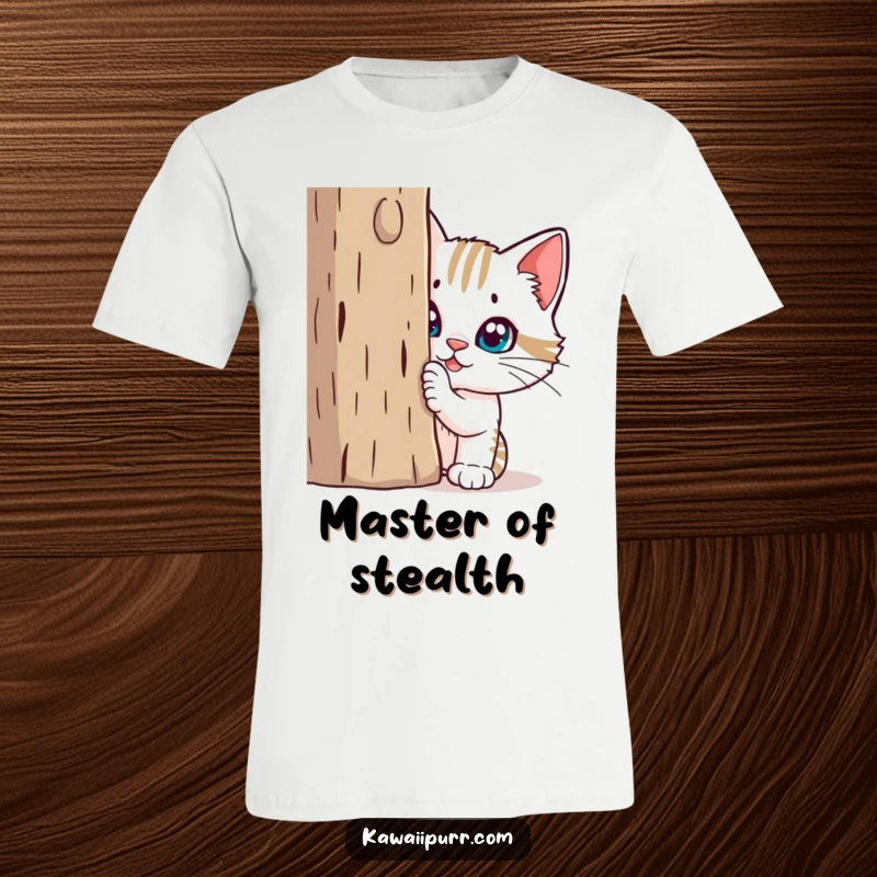 Funny T-Shirt: A mischievous cat with wide eyes peeks from behind a shredded scratching post, capturing playful destruction.