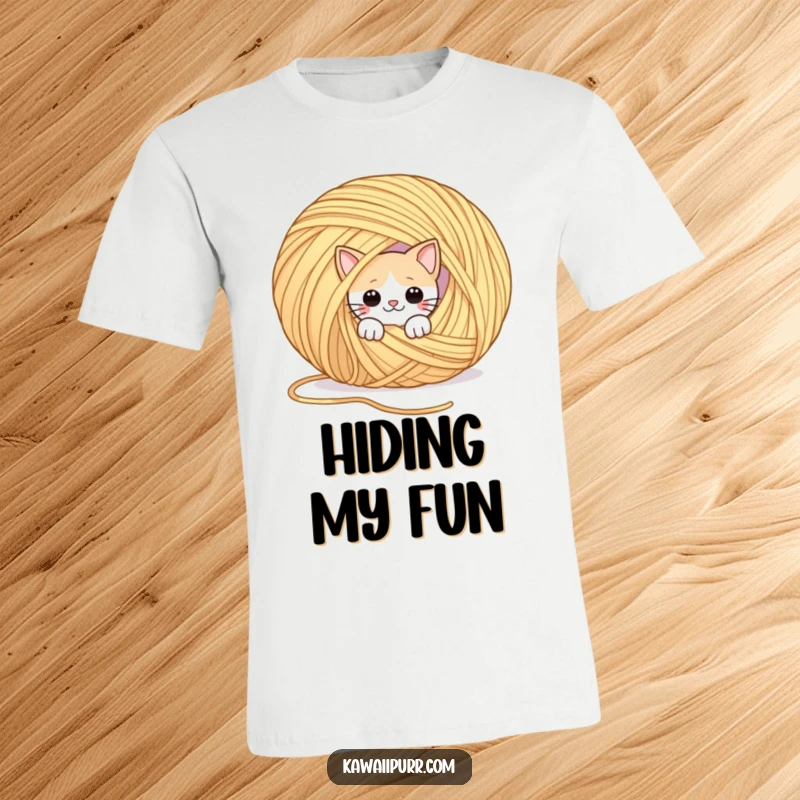 Funny T-shirt featuring a playful cat peeking out from behind a massive, floating ball of yarn, ready to pounce.