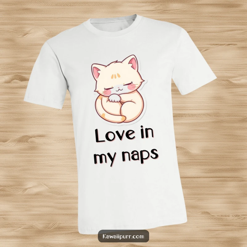 Funny T-shirt featuring a content purring cat curled in a heart shape, eyes closed in blissful, cozy happiness.