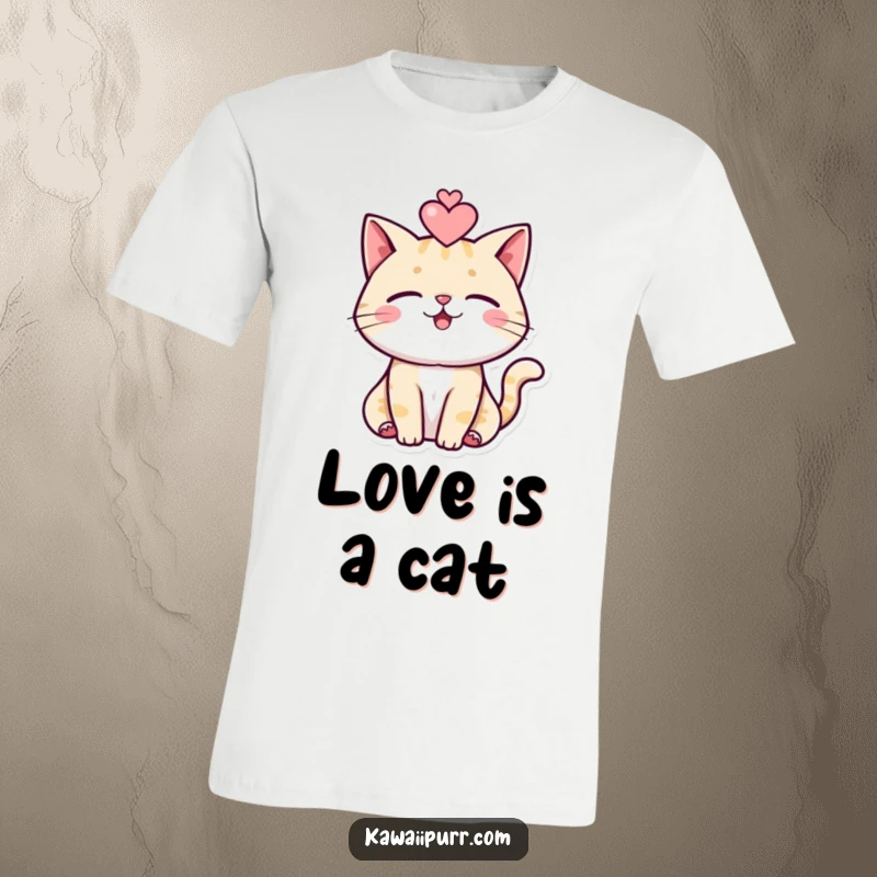 Funny cat t-shirt featuring a contented purring cat with a large heart floating above its head, symbolizing love.