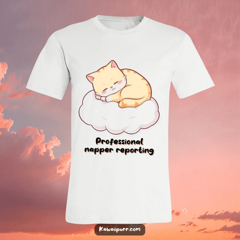 Funny sleepy cat curled on a cloud, purring with a content smile, printed on a soft t-shirt. A humorous and comfortable design.