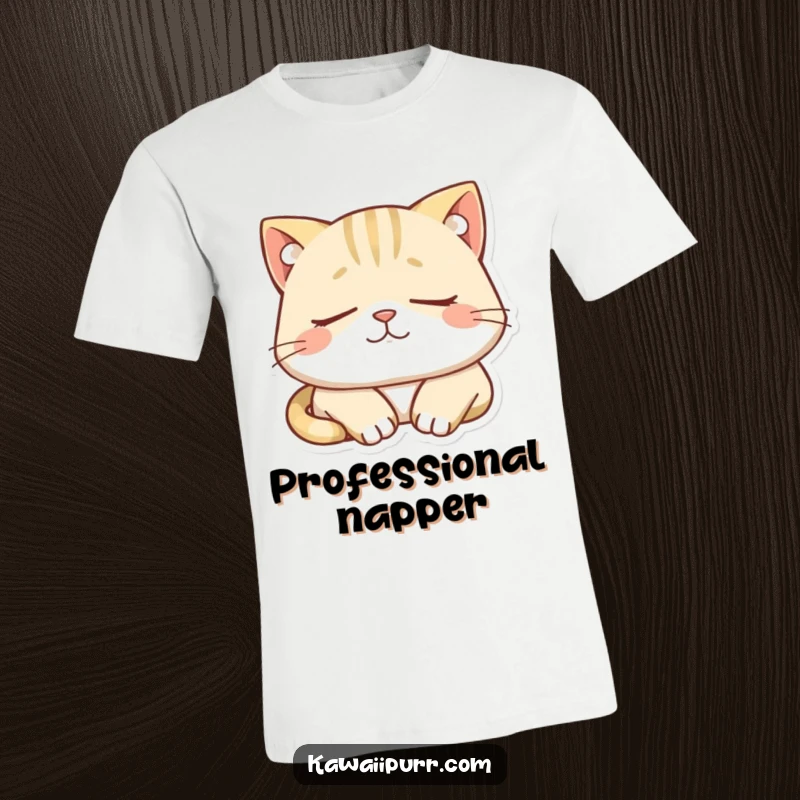 Funny T-shirt depicting a sleepy cat character dozing peacefully, wearing a huge, contented smile. Perfect for relaxation.