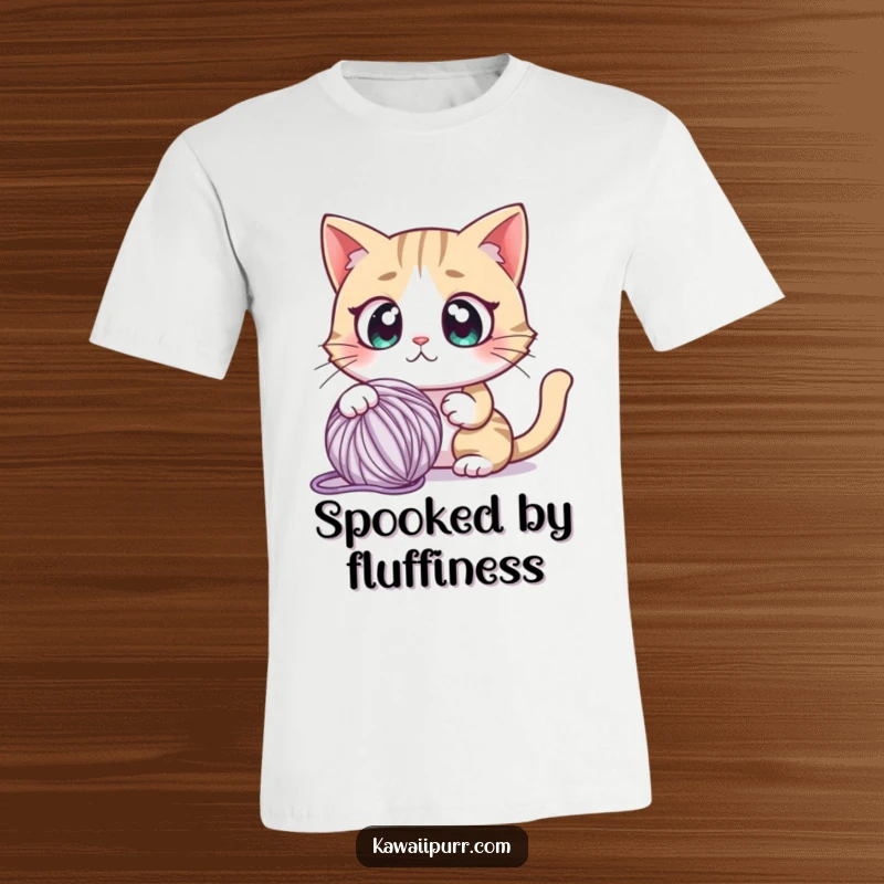 Funny t-shirt depicting a cartoon cat with huge, bulging eyes, caught off guard by a playfully threatening yarn ball.