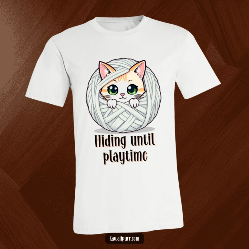 Funny t-shirt featuring a cat character peeking with wide eyes from behind a giant yarn ball, embodying curiosity and charm.