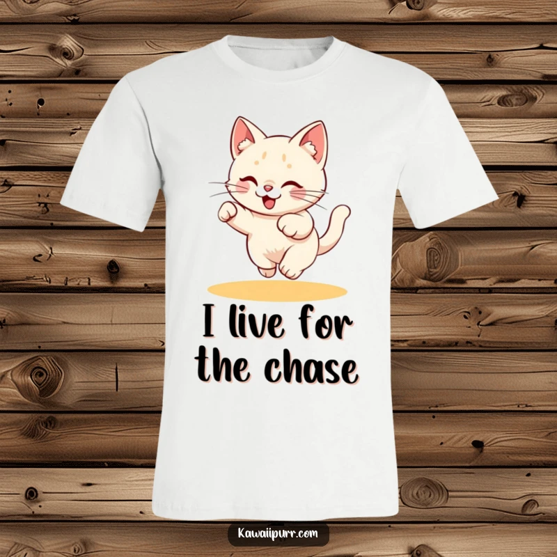 Funny T-Shirt: A playful kitty character in a high-energy chase after a red laser pointer dot.
