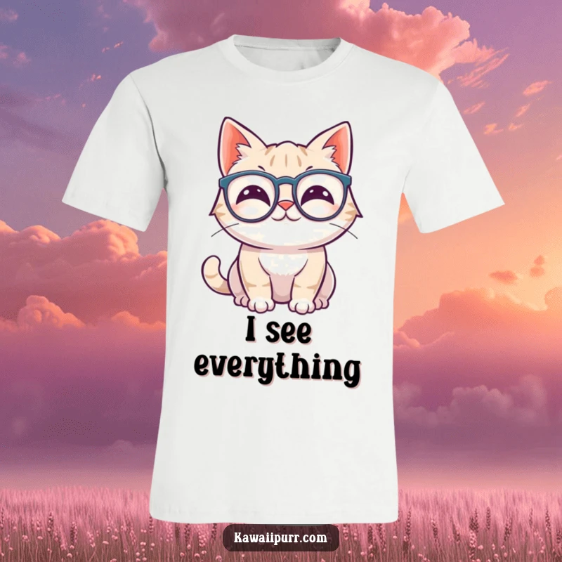 Funny kawaii cat wiggling its ears, wearing oversized spectacles, printed on a t-shirt.