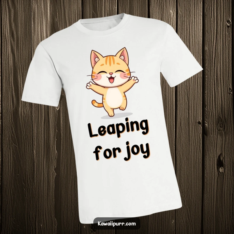 Funny cat character caught in a joyful hop, full of energy and happiness on a t-shirt.