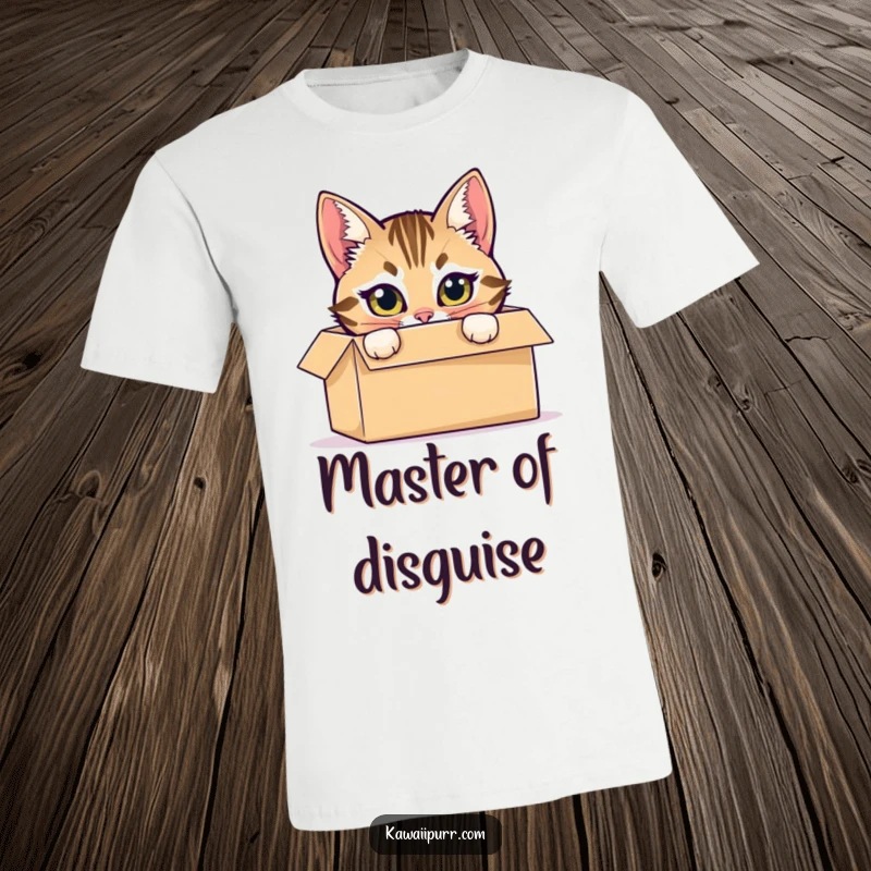 Funny t-shirt featuring a mischievous tabby cat hiding inside a cardboard box, peeking out with bright eyes.