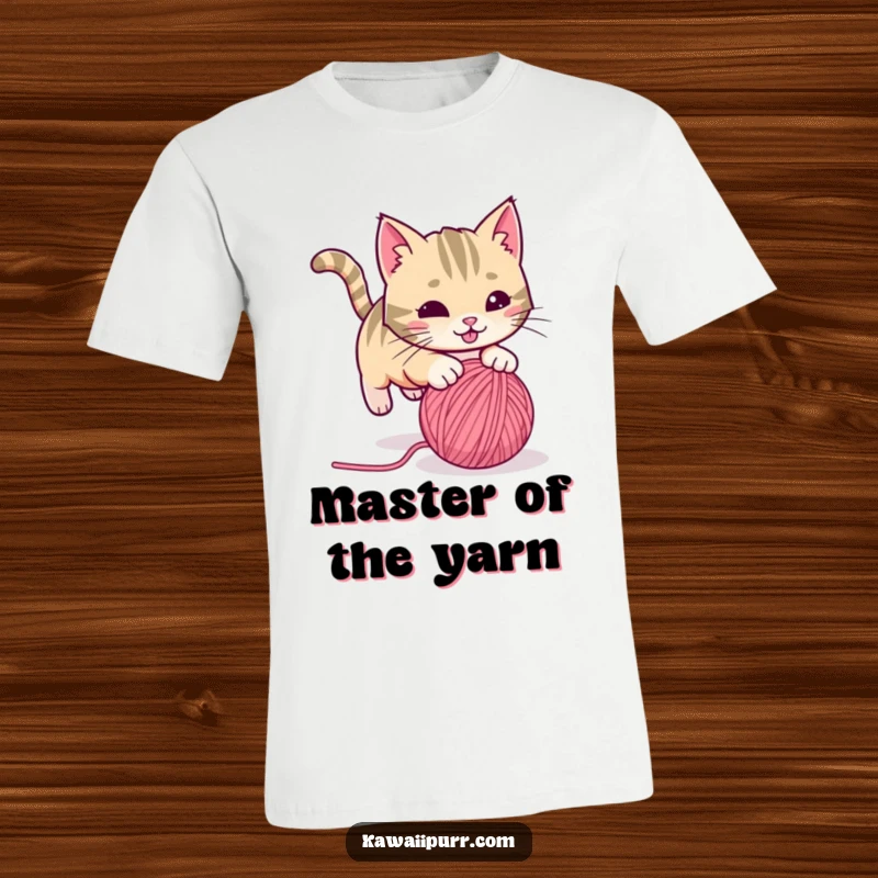 Funny playful cat with a twitching tail, pouncing on a rolling ball of yarn, on a t-shirt. Dynamic and humorous cat apparel.
