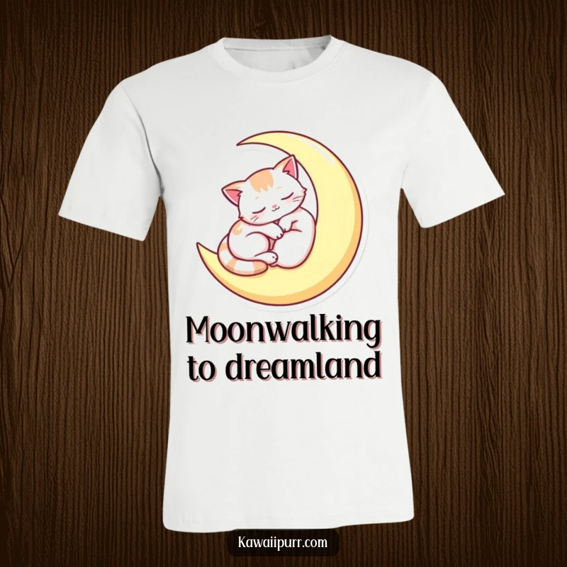 Funny t-shirt with a sleepy cat napping peacefully on a crescent moon, perfect for cozy lounging and expressing love for cats.