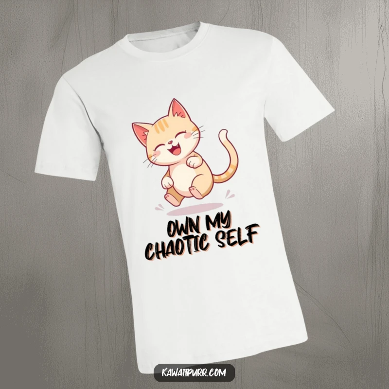 Funny cat t-shirt with a character in mid-tail chase, spinning joyfully in a blur, embodying playful abandon.