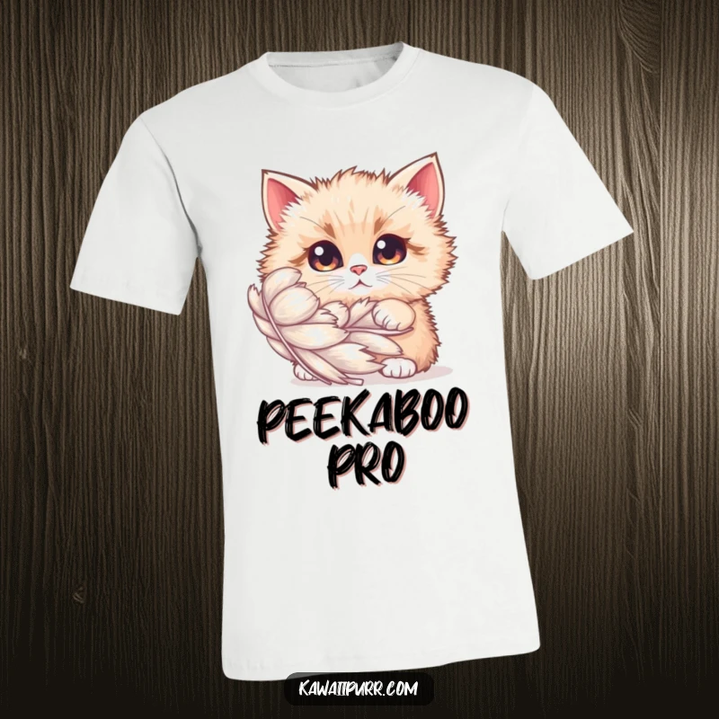 Funny T-Shirt: A fluffy cat with big, curious eyes peeking out from the side of a giant, shimmering feather.