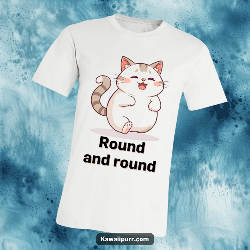 Funny T-Shirt: A plump cat comically chasing its own tail with an expression of delighted confusion and playful energy.