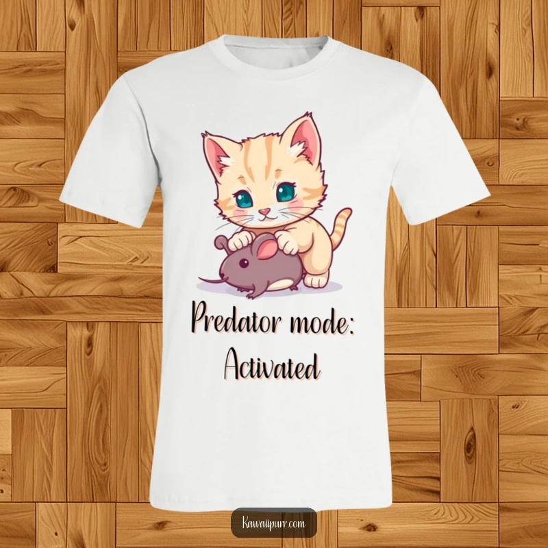 Funny kitten character hilariously pouncing on a tiny toy mouse, embodying playful energy on a comfortable t-shirt for cat fans.