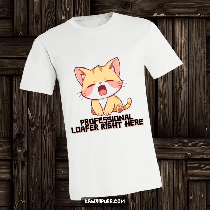 Funny T-Shirt showcasing a charming kitten character in a lazy, exaggerated stretch and yawn, radiating pure comfort and humor.