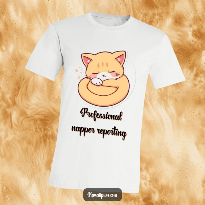Funny sleepy cat character in a perfect circle with visible purr vibrations, printed on a soft t-shirt. Hilarious gift.