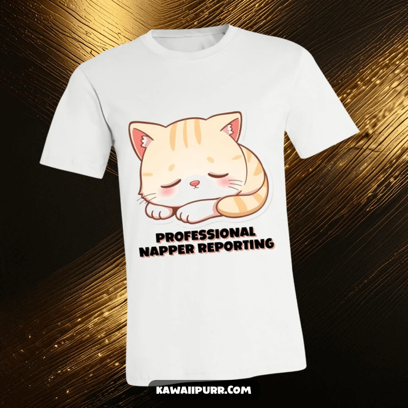 Funny t-shirt showcasing a cartoon cat character deeply asleep, with a small, contented smile gracing its peaceful face.