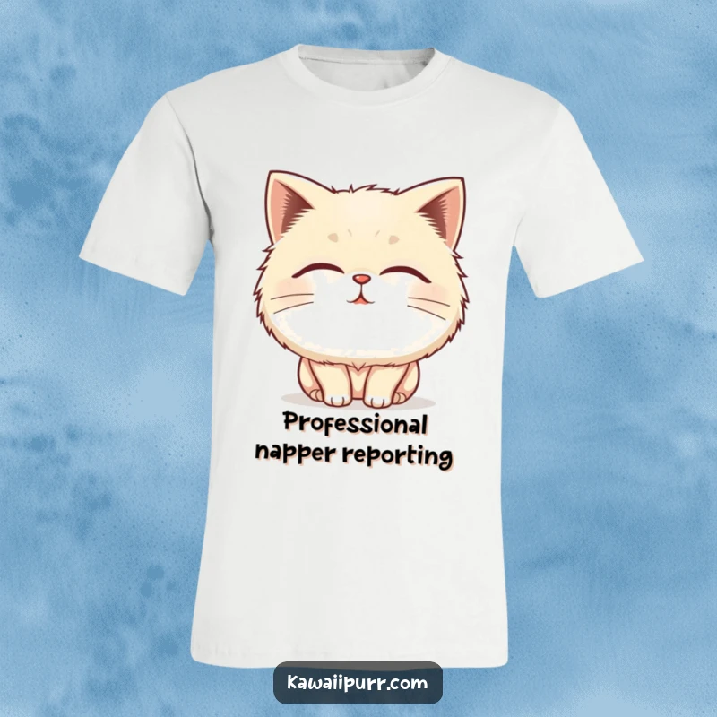 Funny fluffy cat t-shirt showing a character blissfully purring with closed eyes and vibrating lines, conveying pure joy.