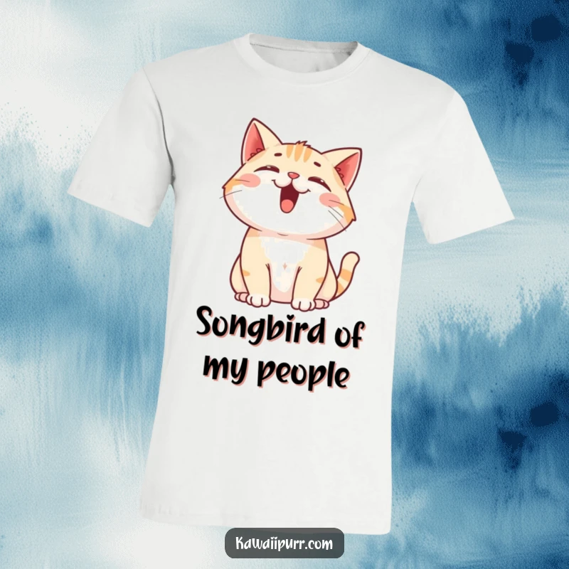 Funny Cat T-Shirt: A cheerful cat character meowing upwards with an open mouth and forward-facing ears, exuding happiness.