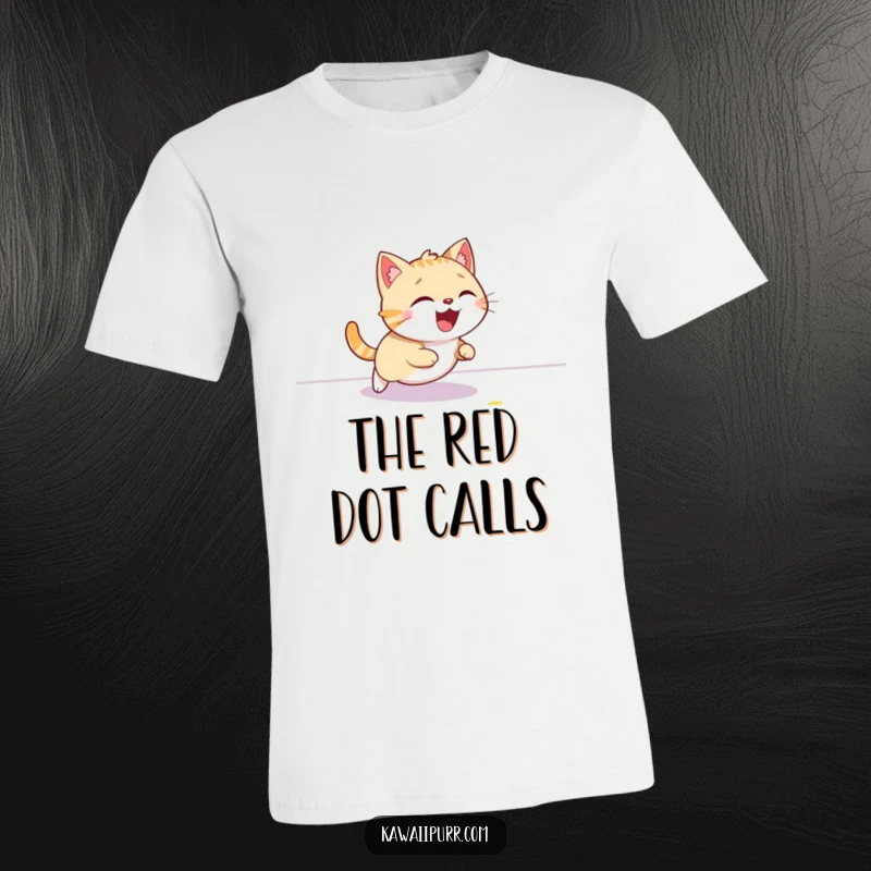 Funny cat t-shirt, depicted giggling uncontrollably while actively chasing a bright red laser dot on the floor.