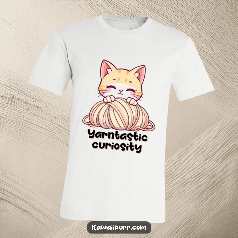 Funny T-shirt with a curious cat peeking over yarn, perfect for those who love to explore.