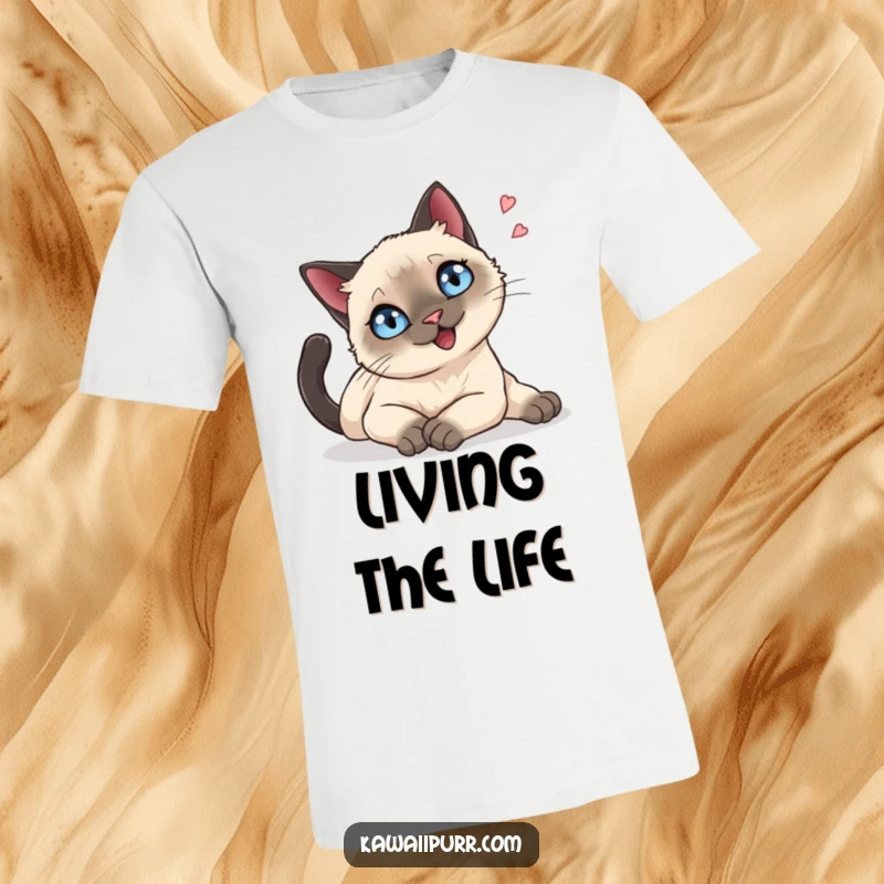 Funny T-Shirt: A Siamese cat with sparkling blue eyes stretching languidly, exuding a sense of peaceful bliss.