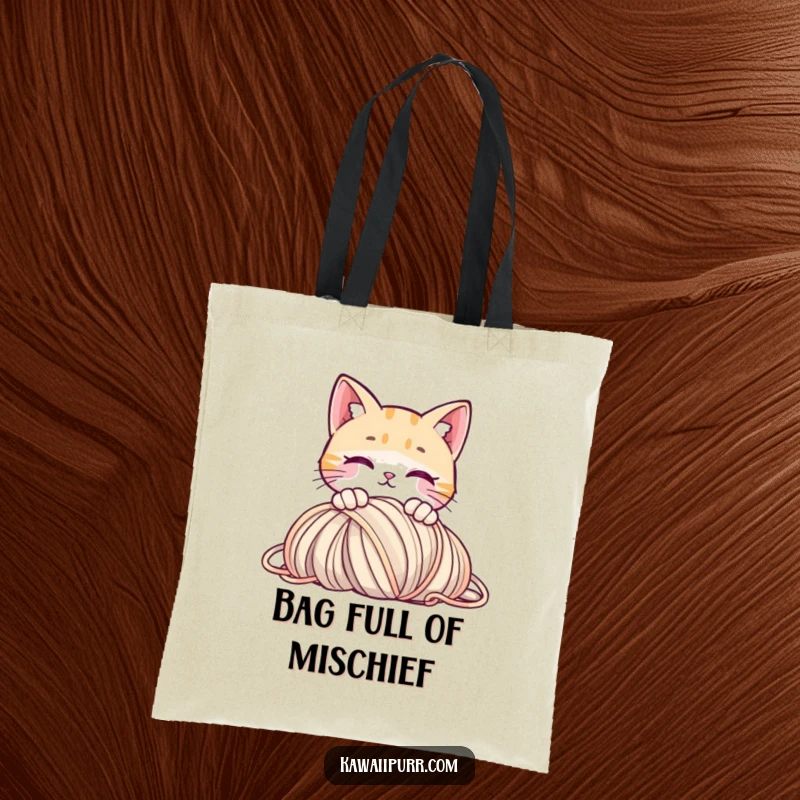 Funny tote bag with a curious cat peeking over yarn, perfect for carrying essentials.