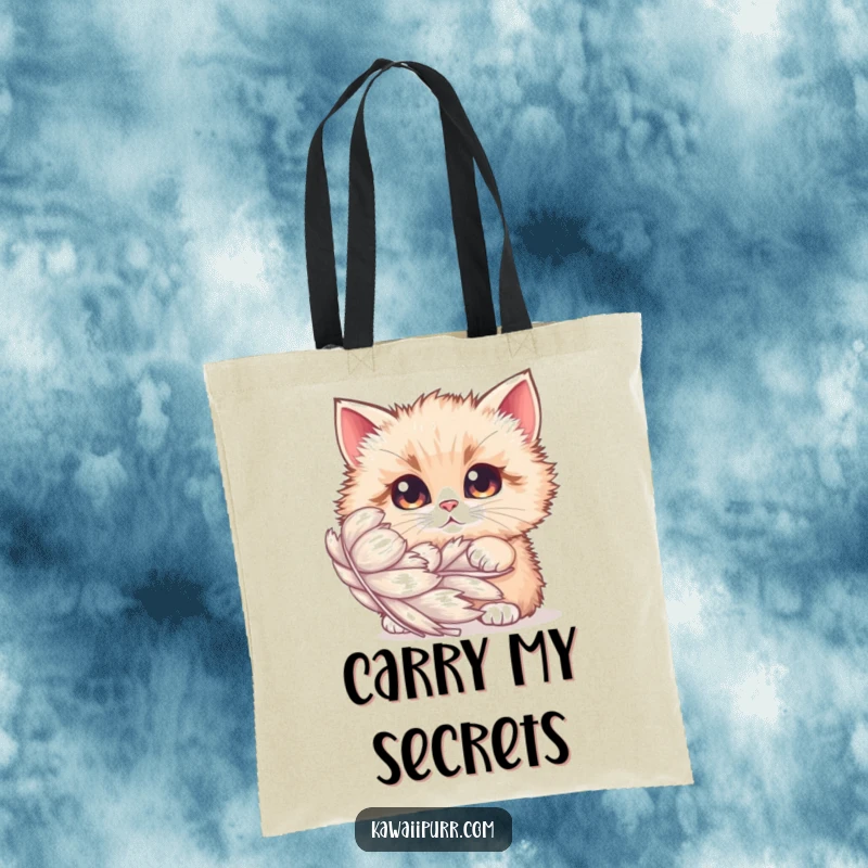 Funny Tote Bag: A fluffy cat with curious eyes peeking from behind a giant, shimmering feather, ideal for everyday use.