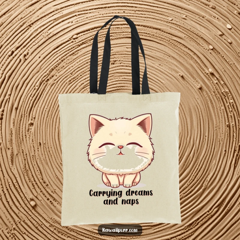 Funny fluffy cat tote bag featuring a character exuding peace and purring bliss with closed eyes and vibrating lines.