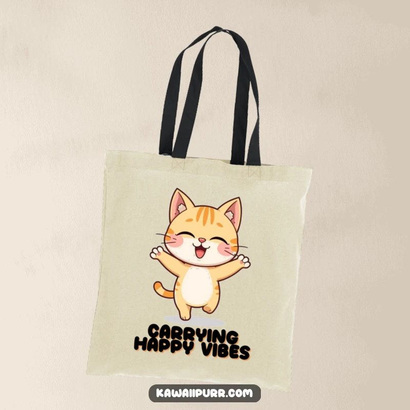Funny cat character captured mid-hop with a gleeful expression on a versatile tote bag.