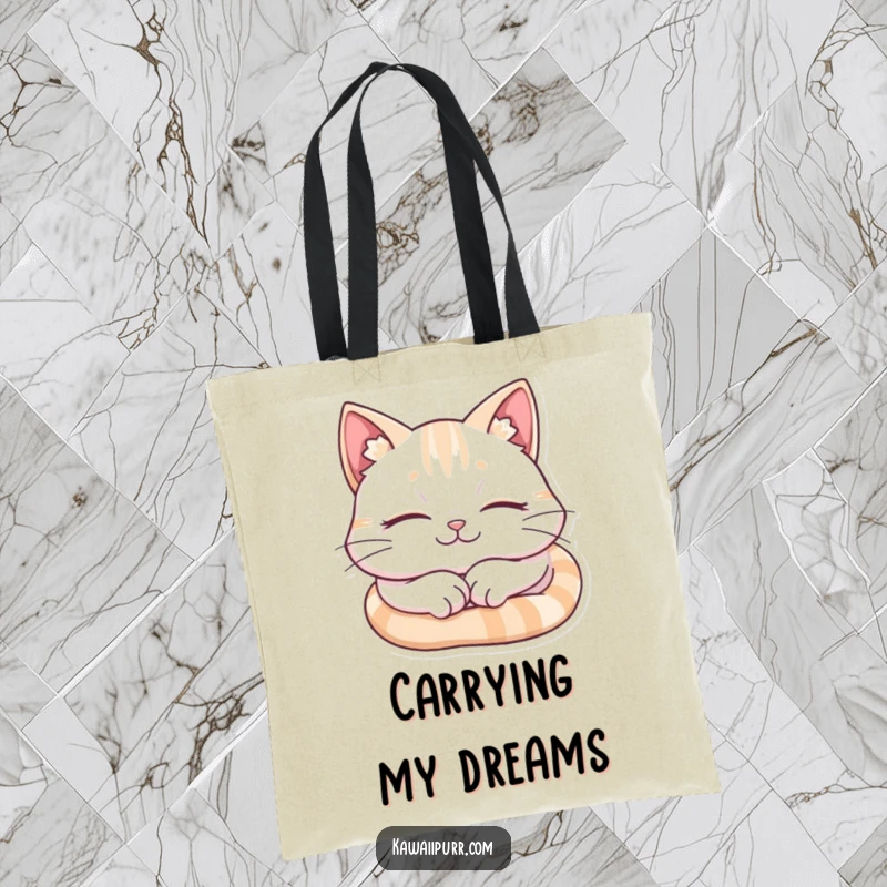 Funny Cat Tote Bag, a cat sleeping soundly and smiling, perfect for carrying daily items.