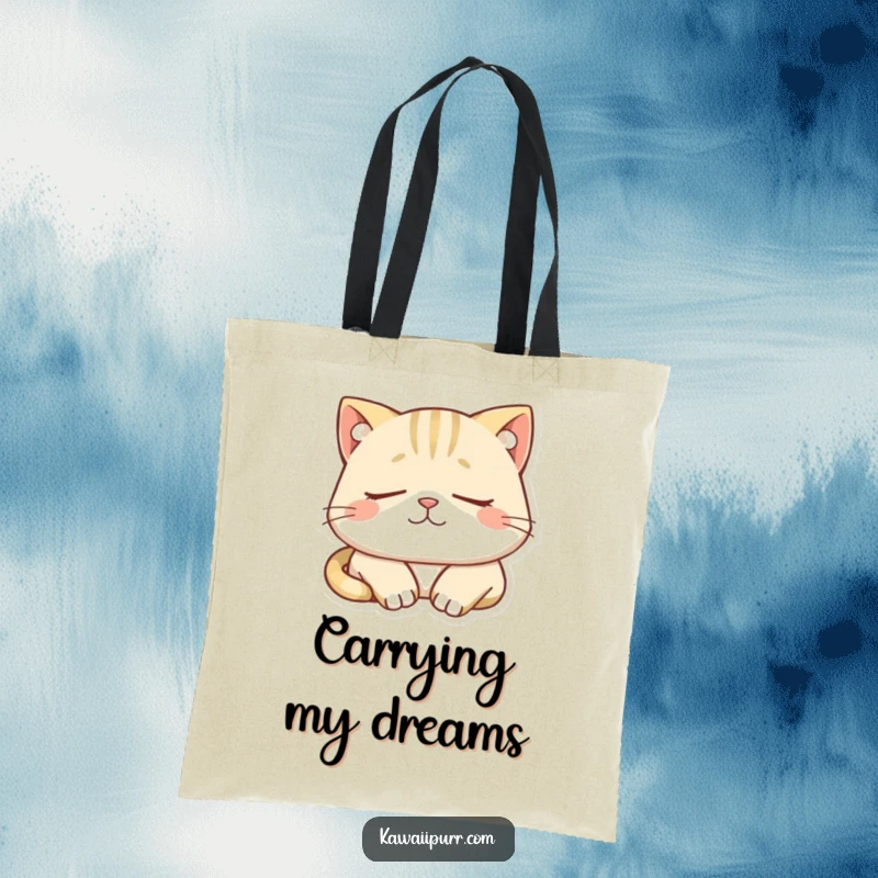 Funny tote bag featuring a sleepy cat character dozing peacefully with a contented smile. Perfect for carrying zen.