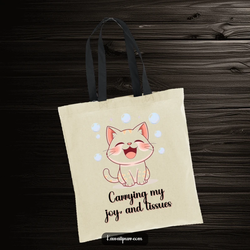 Funny tote bag with a cartoon cat character caught in a moment of extreme laughter, exuding bubbly joy and playful energy.