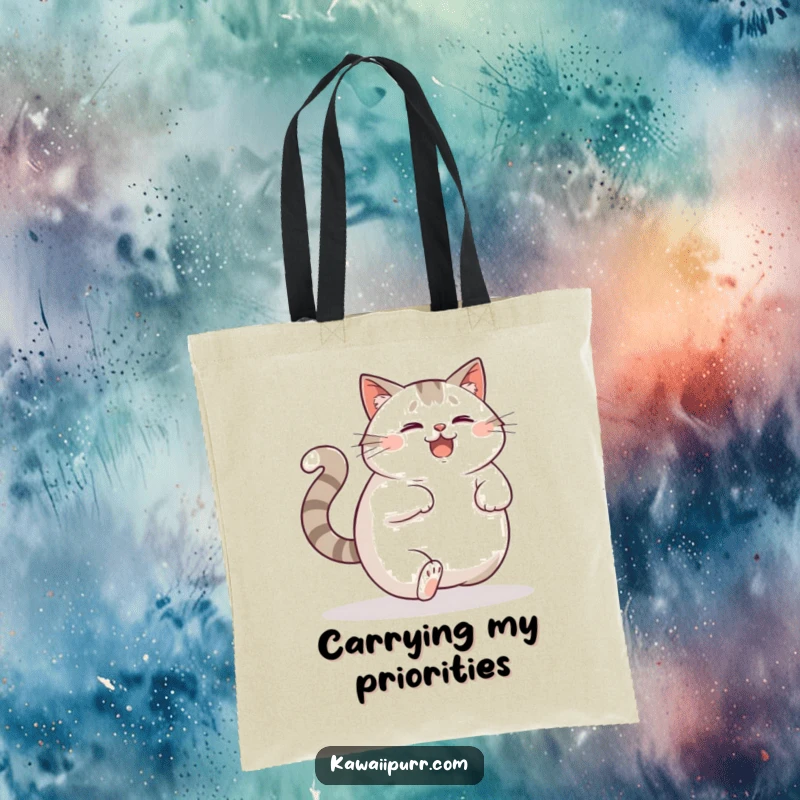 Funny Tote Bag: A plump cat chasing its own tail with a look of delighted confusion, ready for errands.
