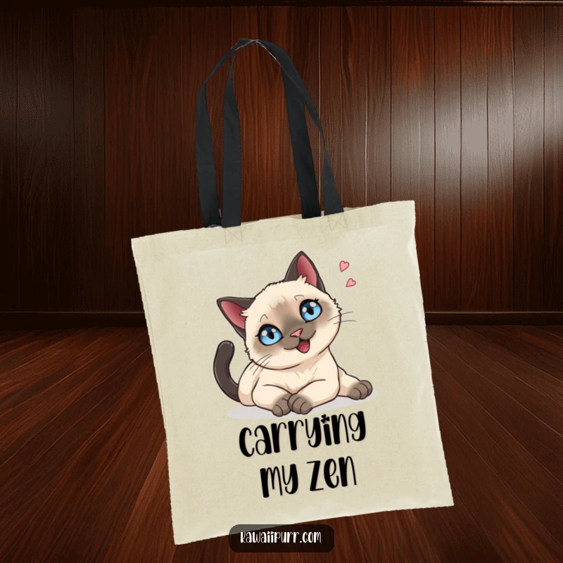 Funny Tote Bag: A Siamese cat with sparkling blue eyes stretching languidly, embodying serene relaxation, ready for errands.