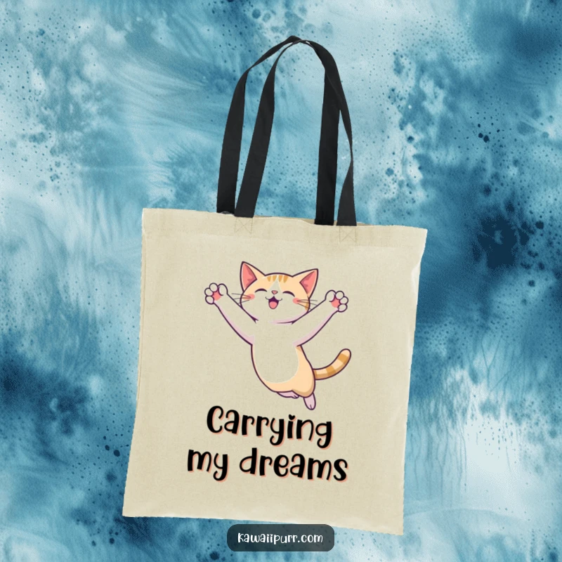 Funny Cat Leap Tote Bag displaying a cat character in a spirited, mid-air leap, paws outstretched, ready for adventure and fun.