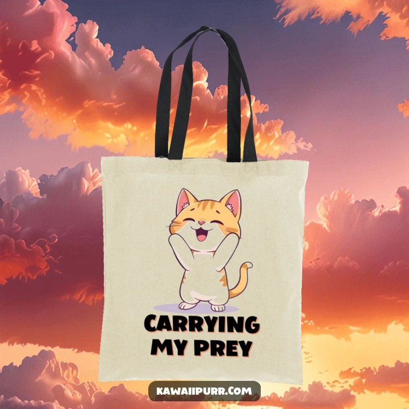 Funny Cat Tote Bag: A cat character gleefully pounces with all its might on a playful shadow, full of excitement.