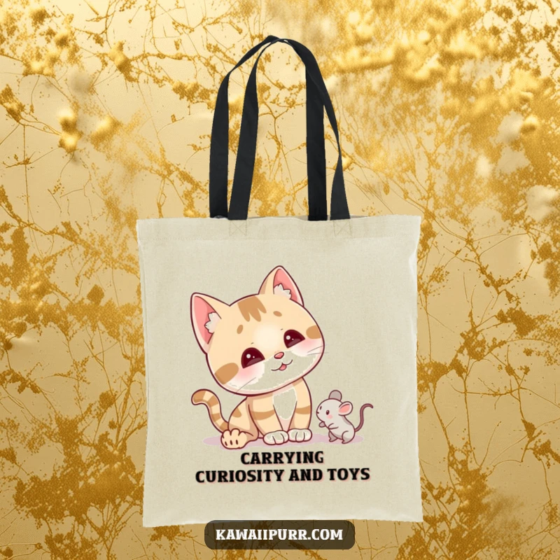Funny curious cat tote bag with a character tilting its head, ears perked, contemplating a tiny mouse toy nearby.