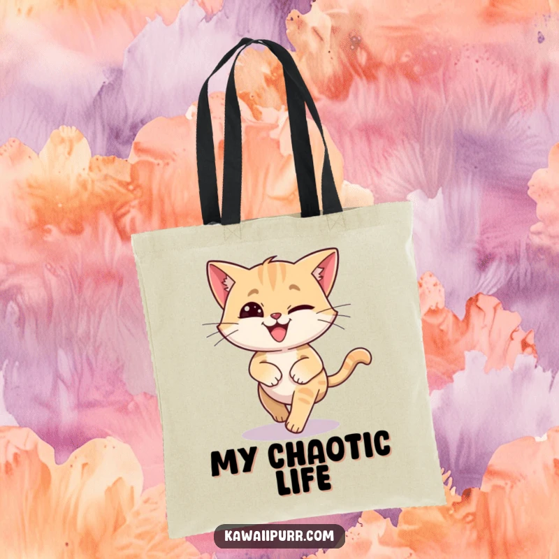 Funny tote bag showing a cat with a silly grin, spinning dizzily while chasing its tail. Perfect for carrying laughs.