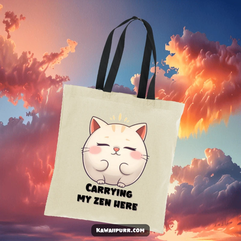 Funny Tote Bag: A plump cat character with closed eyes, emitting a soft vibrating aura, on a stylish tote.