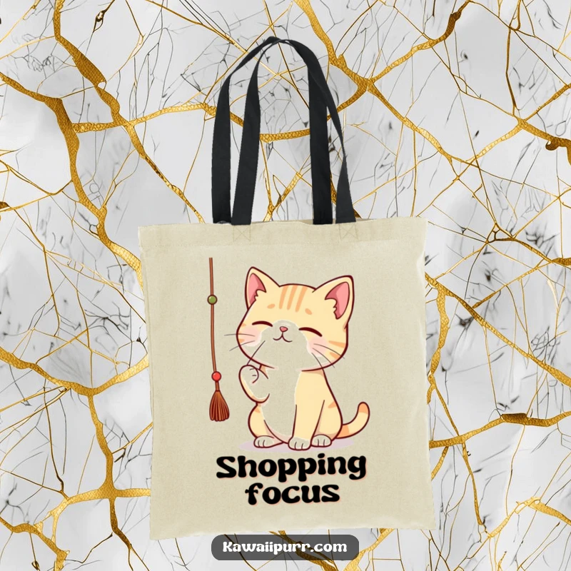 Funny kawaii cat batting a dangling string with great concentration, carrying a tote bag.