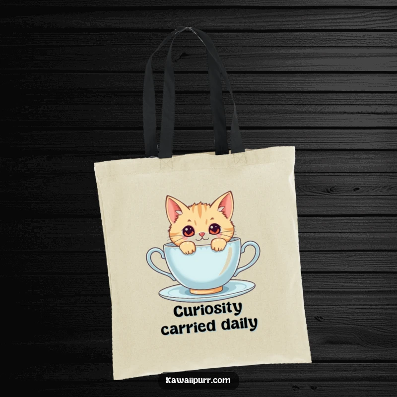 Funny kawaii cat peeking over a giant teacup, a versatile and amusing tote bag for daily use.