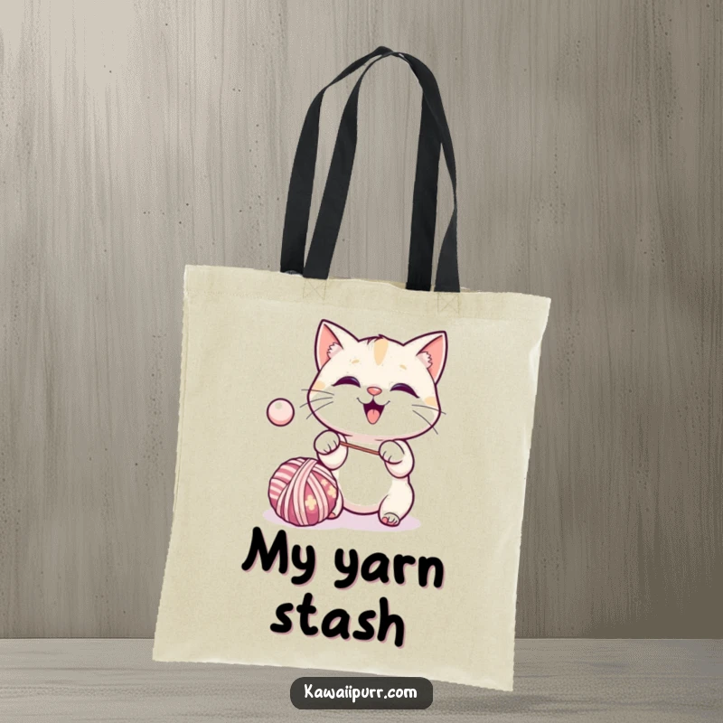 Funny kawaii cat excitedly batting a bouncing ball of yarn, carrying a tote bag.