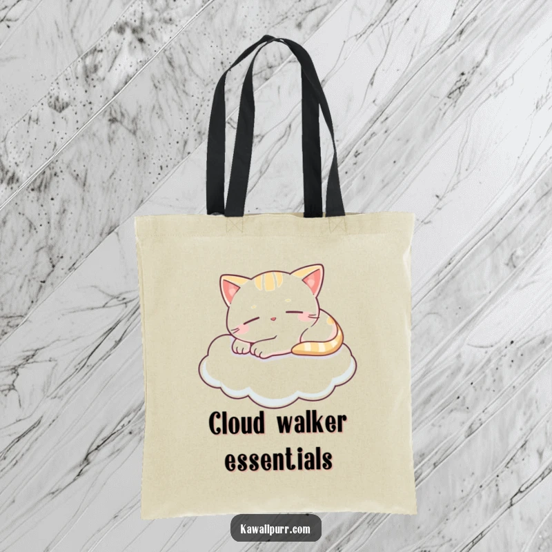 Funny tote bag featuring a kawaii cat napping blissfully on a cloud with a tiny smile, perfect for carrying daily items with charm.