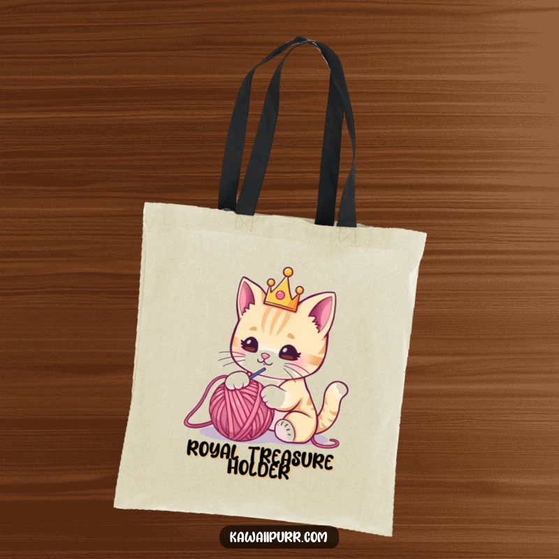 Funny tote bag featuring a regal kawaii cat with a tiny crown, playfully batting at a yarn ball, perfect for carrying daily items.