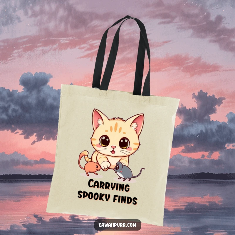 Funny tote bag illustrating a kawaii cat with startled eyes chasing a transparent ghost mouse, perfect for carrying everyday items with humor.