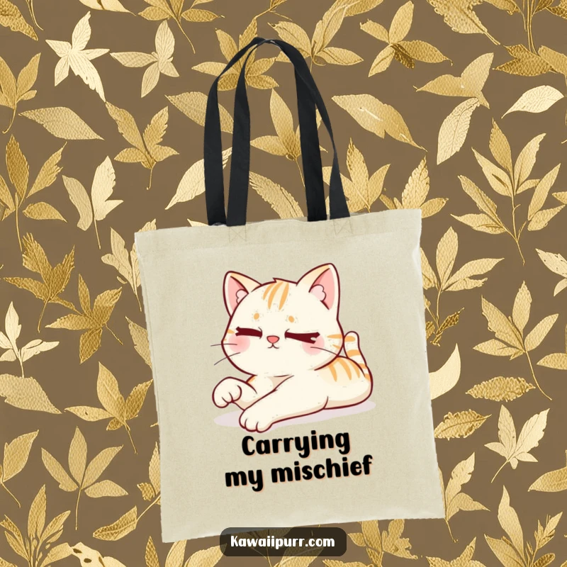 Funny tote bag featuring a kawaii cat stretching lazily with a mischievous wink, perfect for carrying daily items with playful charm.