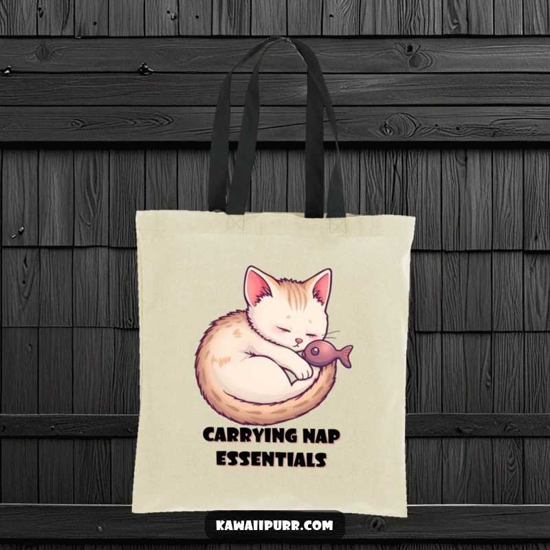 Funny Kitten Fish Dream Tote Bag showcasing a sleeping kitten sweetly dreaming of catching fish.