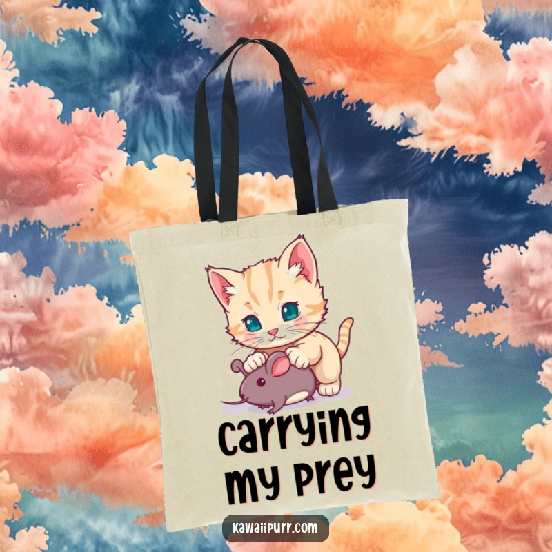 Funny kitten character energetically pouncing on a toy mouse, an adorable scene on a durable tote bag for whimsical shoppers.