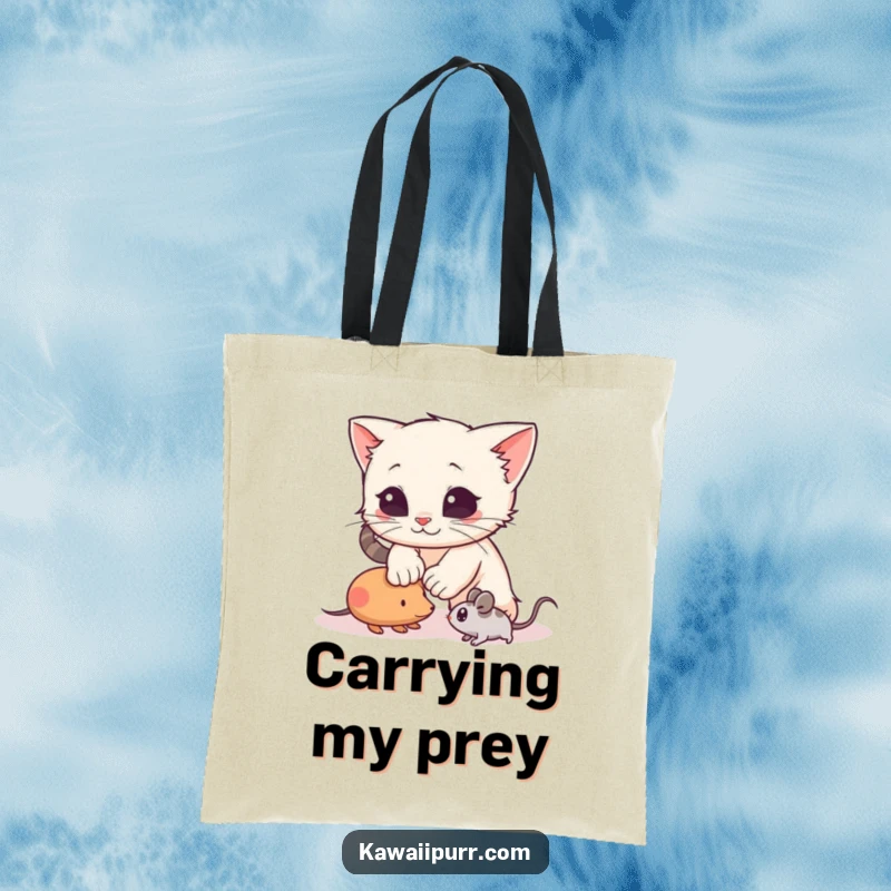 Funny Tote Bag with a kitten character mid-pounce on a toy mouse, bringing energetic and humorous vibes to your daily carry.